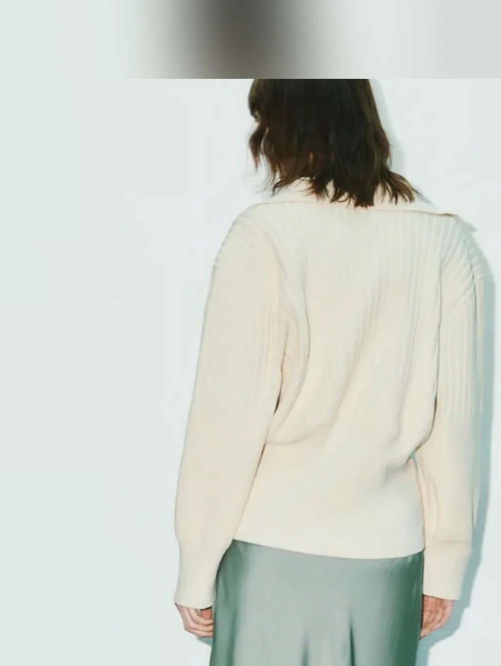 URBAN REVIVO Cream Ribbed V-Neck Collared Sweater Cardigan with Gold Button - Picture 5 of 10